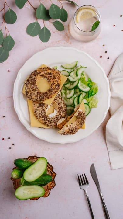 Plant-patty bagel with cheddar